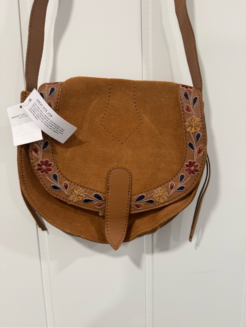American Eagle Suede Floral Saddle Crossbody Bag - Camel